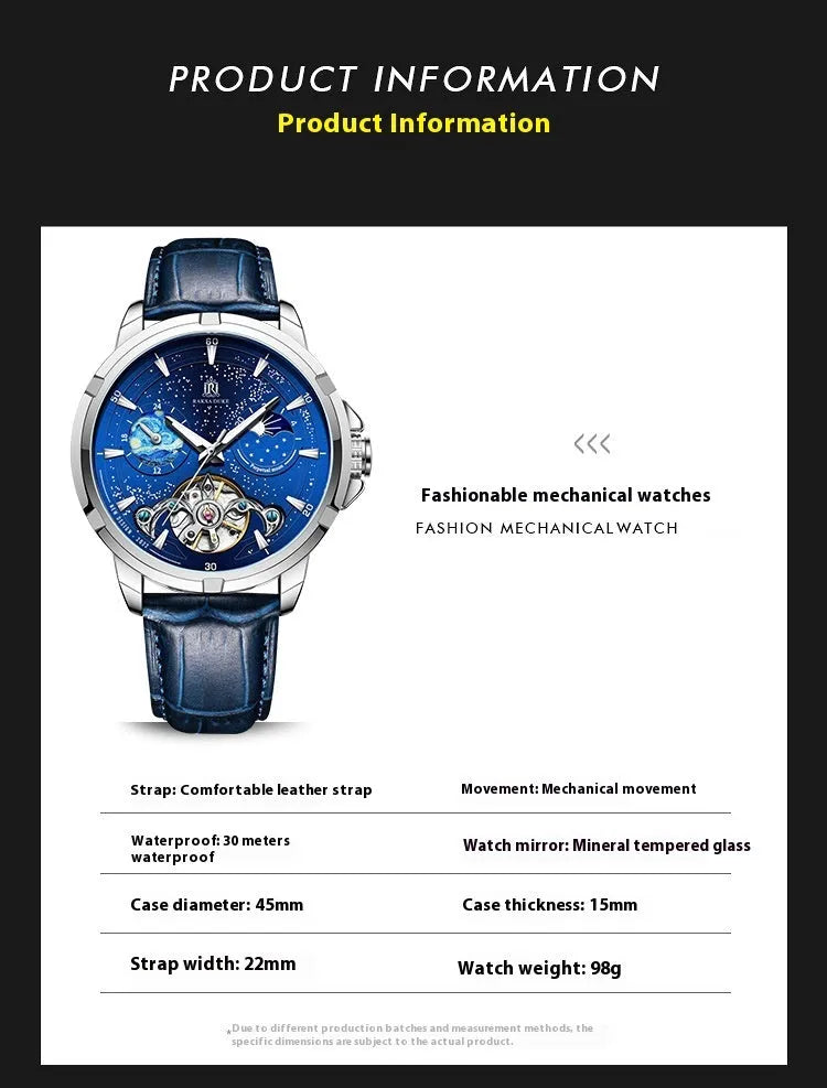 Men's automatic mechanical watch with blue dial and transparent case back