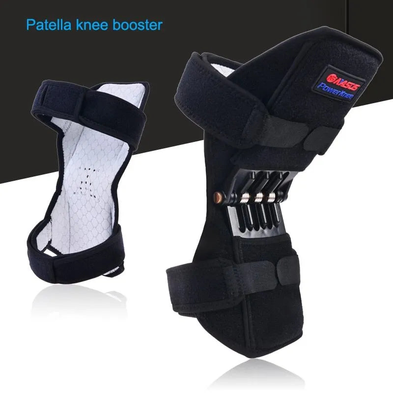 Adjustable spring knee brace support for patella, shown in black colour.