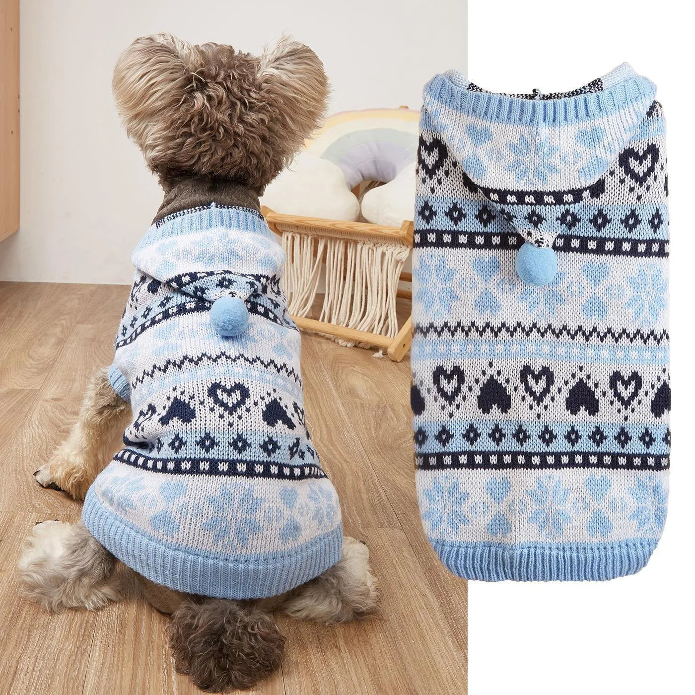 Pink, blue, and grey striped camouflage pattern acrylic knitted dog jumper on a small dog.