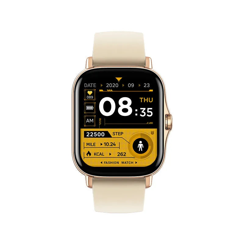 GT20 smartwatch with alloy case, silicone strap, and 1.75-inch screen displaying heart rate data