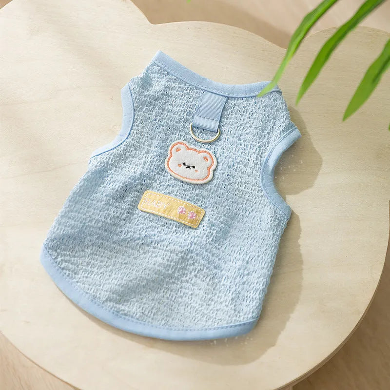 Cartoon bear patch cat clothes in knitted fabric with breathable hollowed-out design