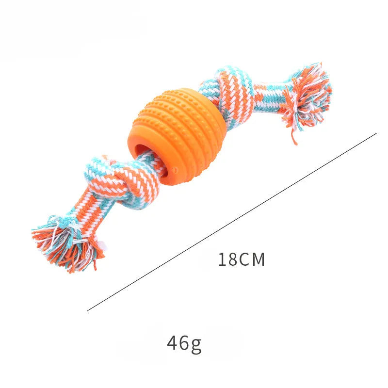 Blue molar-shaped dog chew toy with white ropes for teeth cleaning