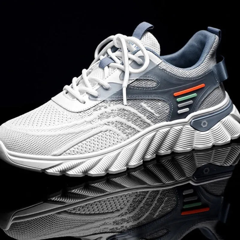 Men's platform casual sports shoes in black with cross shoulder straps and mesh upper