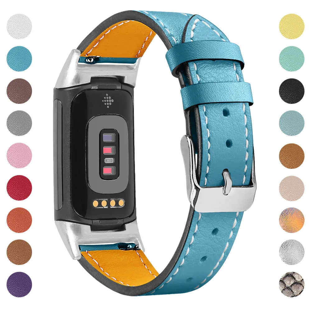 Genuine leather replacement strap for Fitbit Charge 5 and Charge 6 smartwatches in multiple colour options.