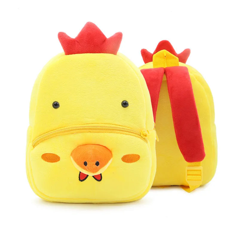 Soft plush children's backpack in cartoon animal design, shown with zipper open, dimensions 26cm by 24cm.