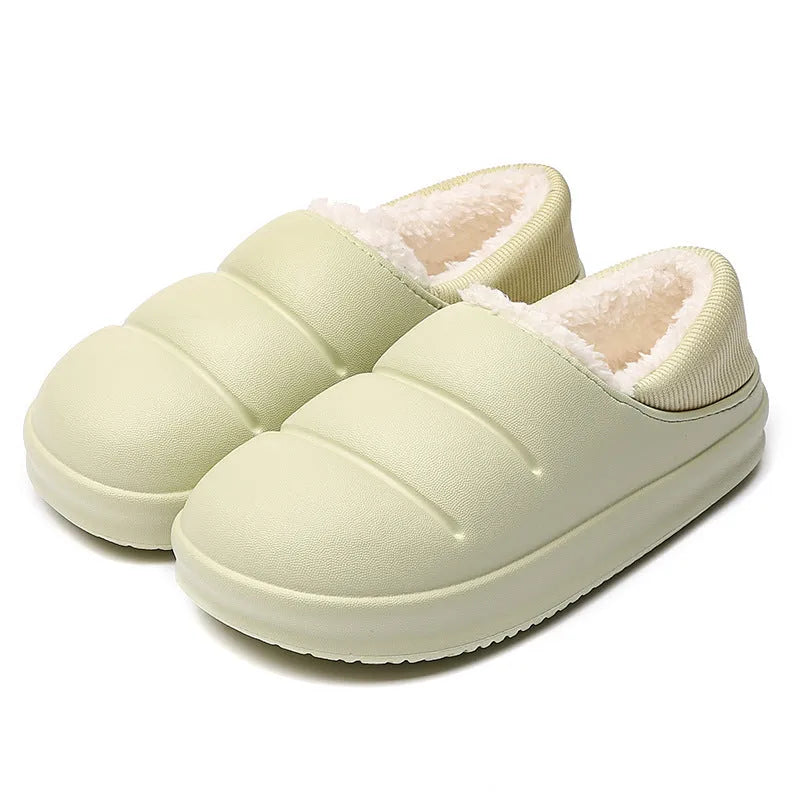 A pair of green EVA couple slippers with plush lining, shown as indoor house shoes and outdoor garden overshoes.
