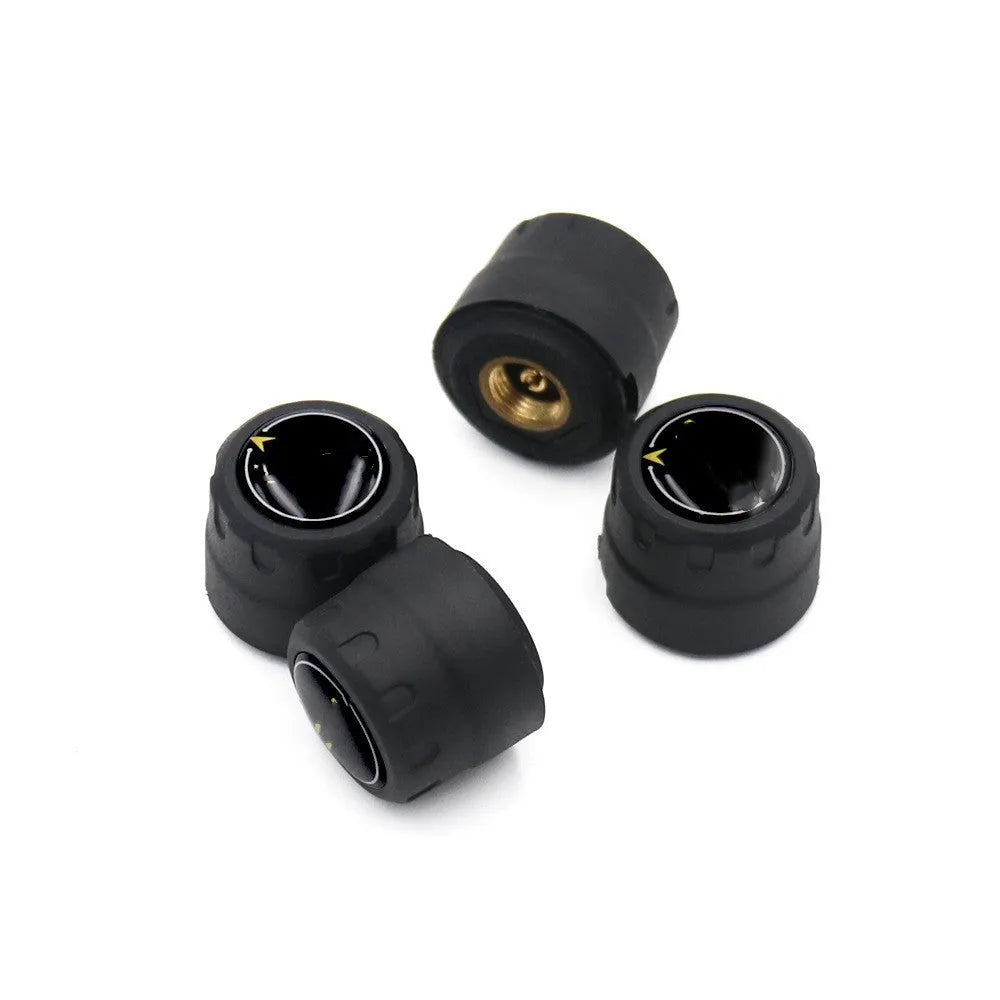 Four black Bluetooth tyre pressure sensors with wrench and anti-theft screws for vehicle installation