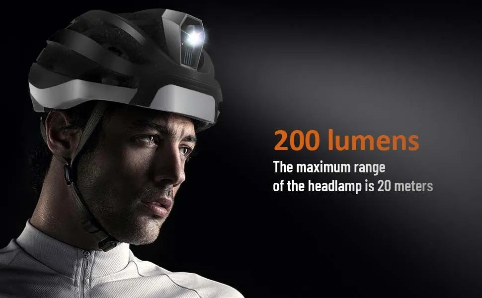 Black and grey smart cycling helmet with integrated warning lights and Bluetooth connectivity