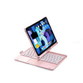 Miaocontrol silver rotating Bluetooth keyboard attached to an Apple iPad Pro tablet showing 360-degree hinge.