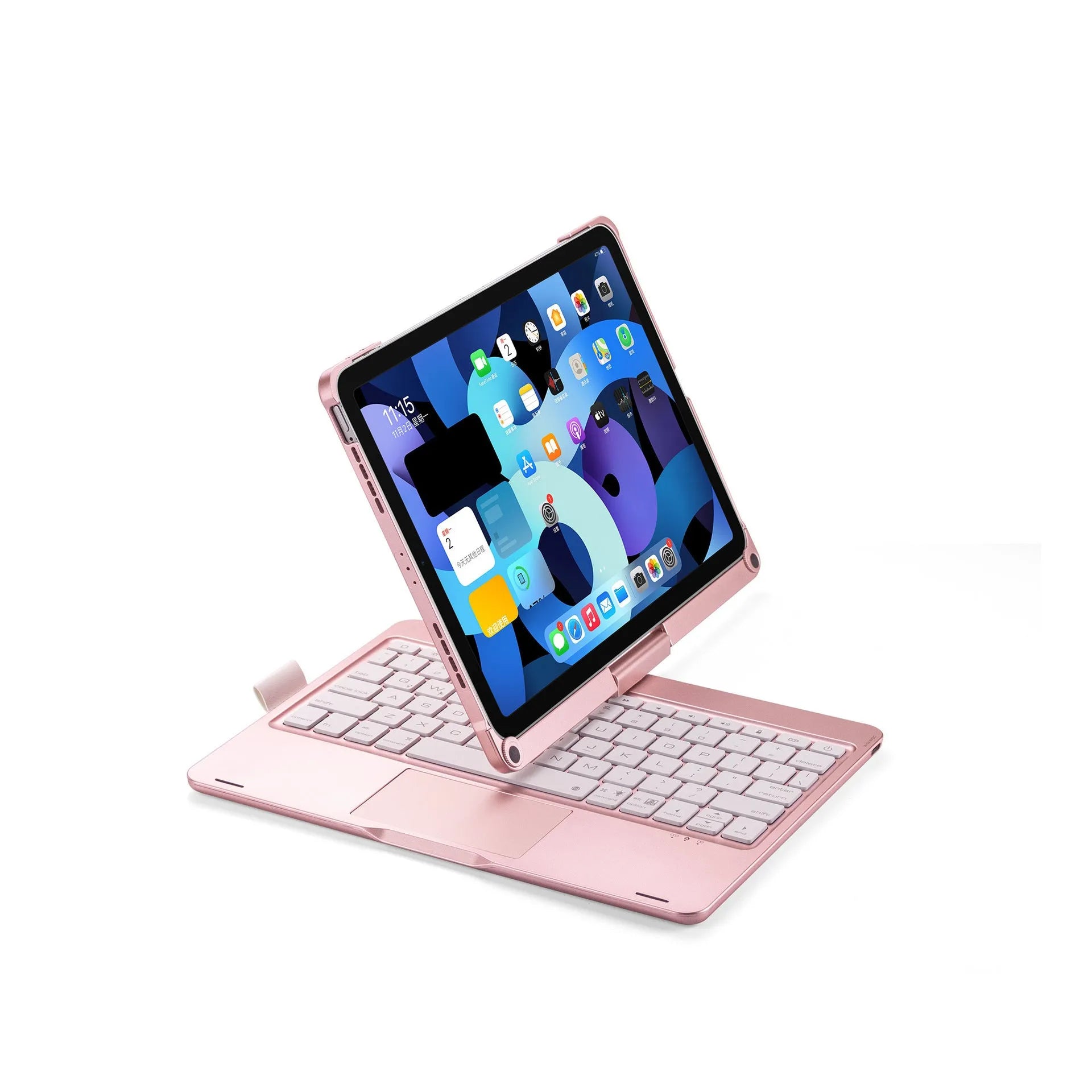 Miaocontrol silver rotating Bluetooth keyboard attached to an Apple iPad Pro tablet showing 360-degree hinge.