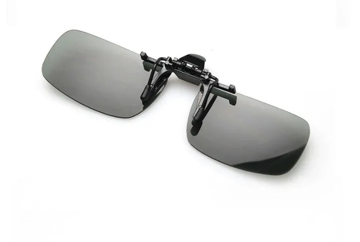 Myopia clip-on driving sunglasses with PC lenses in grey, green, and night vision options.
