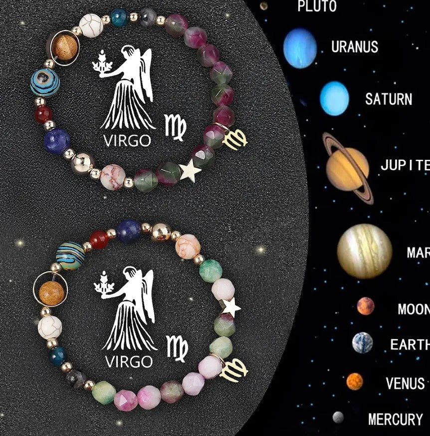 Natural stone beaded bracelets with zodiac symbols on stretchy elastic cord, showing two bracelets in set.