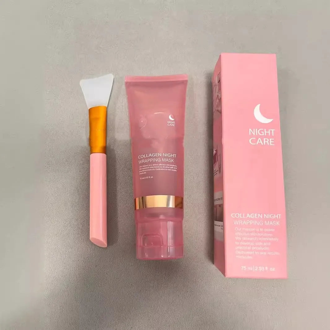 Collagen night face mask bottle with applicator brush for firming and hydration