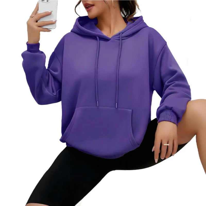 Women's loose fit gray sweatshirt with drawstring waist and front pockets, long sleeve casual top