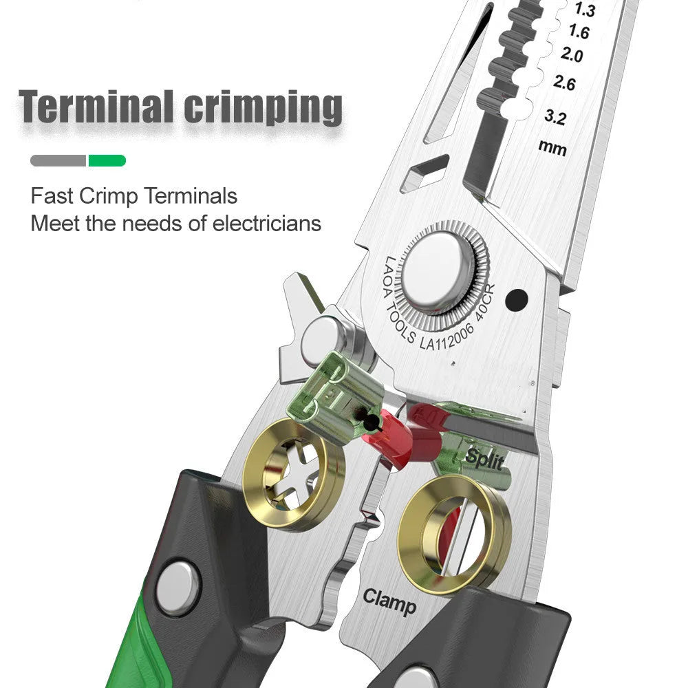 Stainless steel wire stripper tool with seven size markings and a two-colour handle.