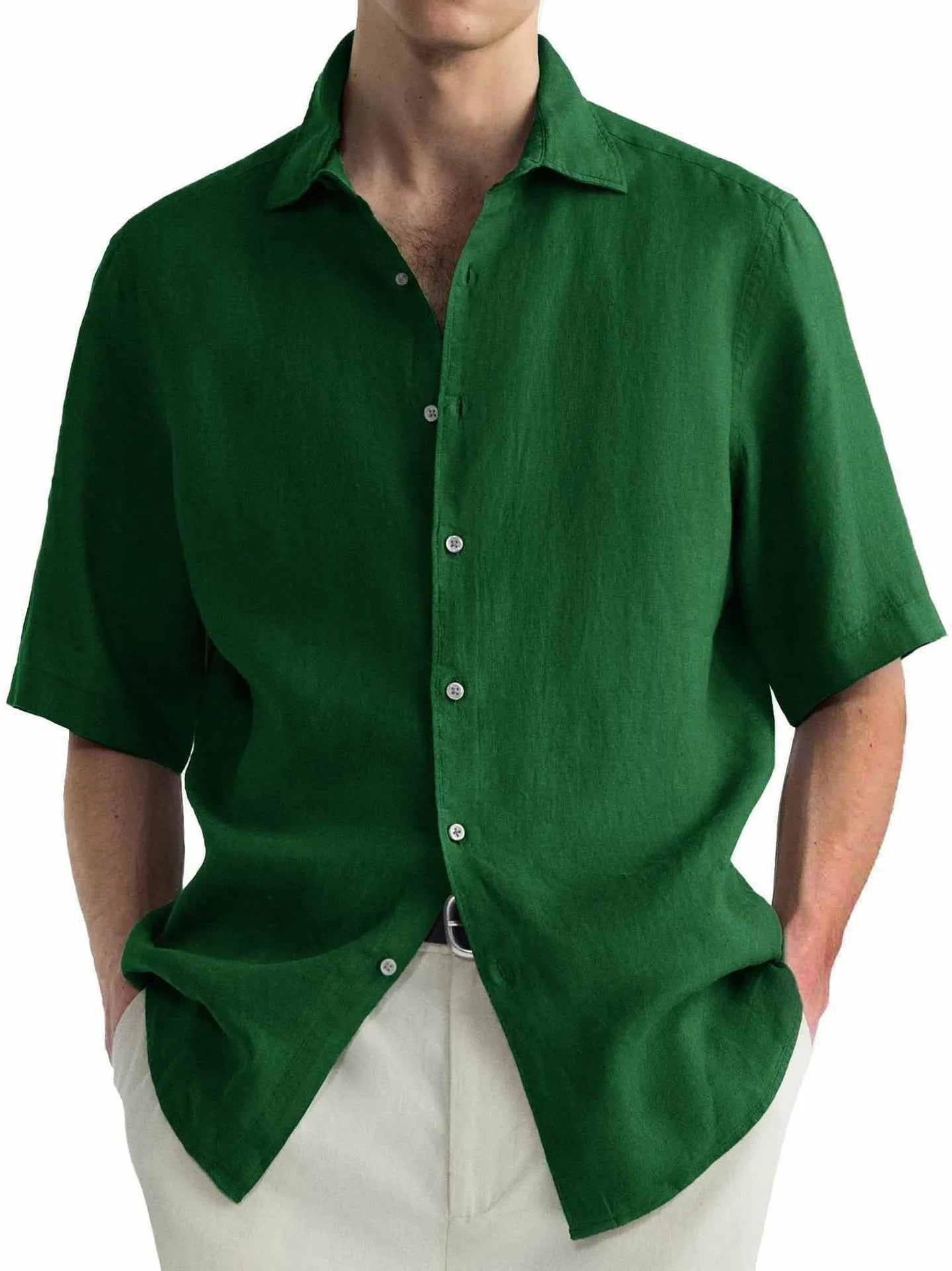 Men's green washed cotton casual shirt with cardigan-style button front in regular fit