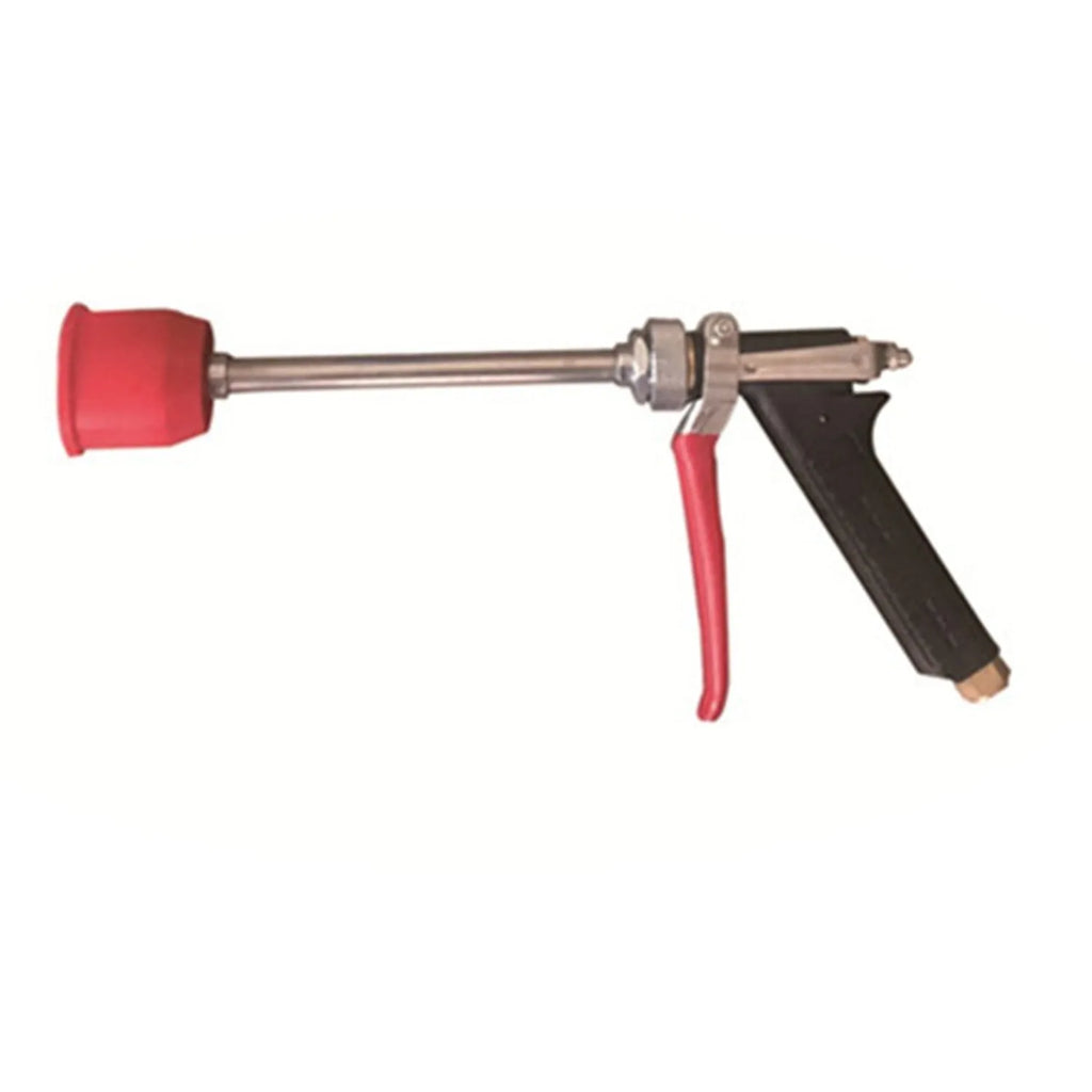 Plastic agricultural spray gun with submachine gun style handle and adjustable pressure control