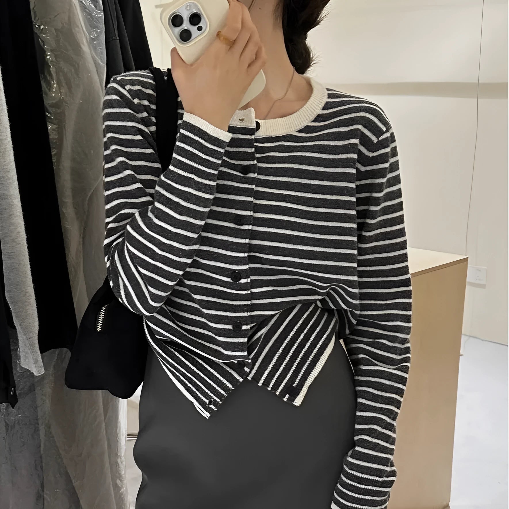 Women's dark grey and white striped cardigan coat with 40cm short length and slim fit