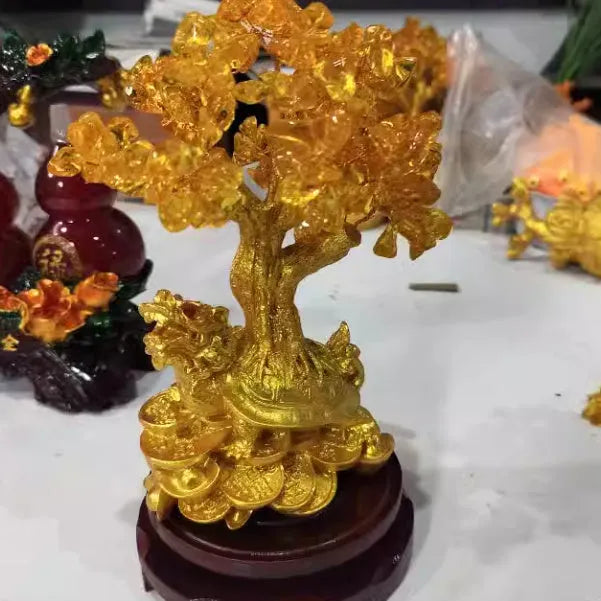 Golden citrine resin Feng Shui ornament of a money tree with a small water turtle