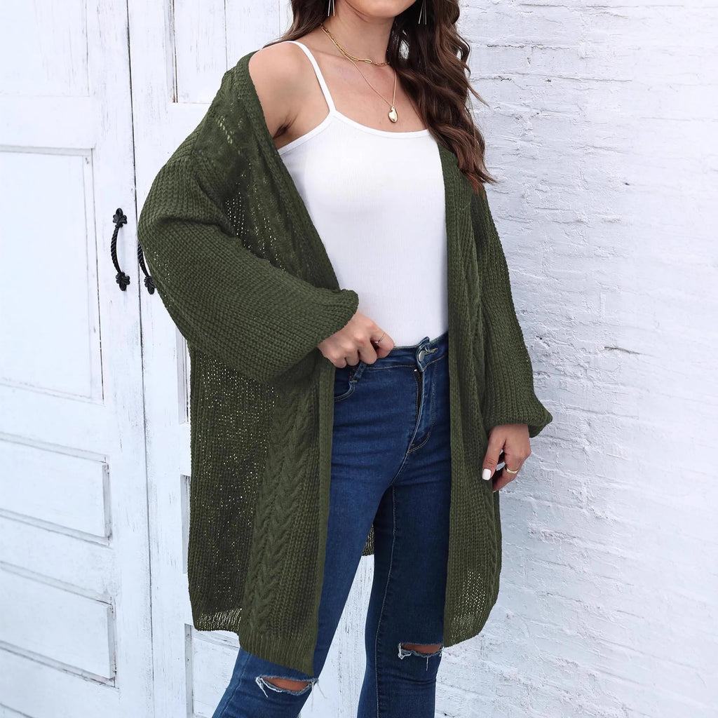 Women's loose fit acrylic sweater coat in army green, shown front on, casual style.