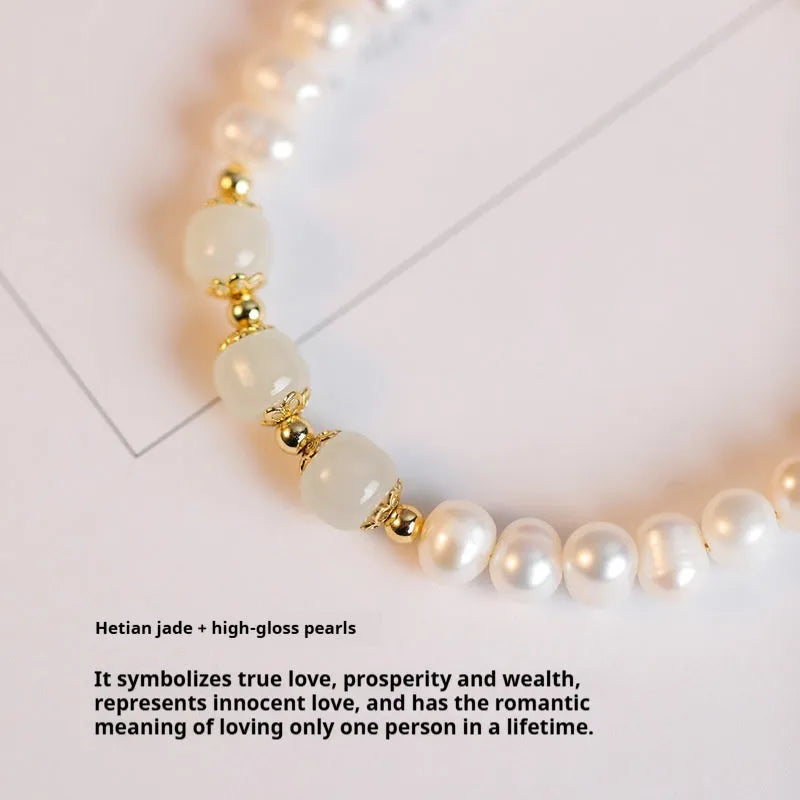Diamond-shaped freshwater pearl bracelet in electroplated Hetian jade colour, Korean style design.