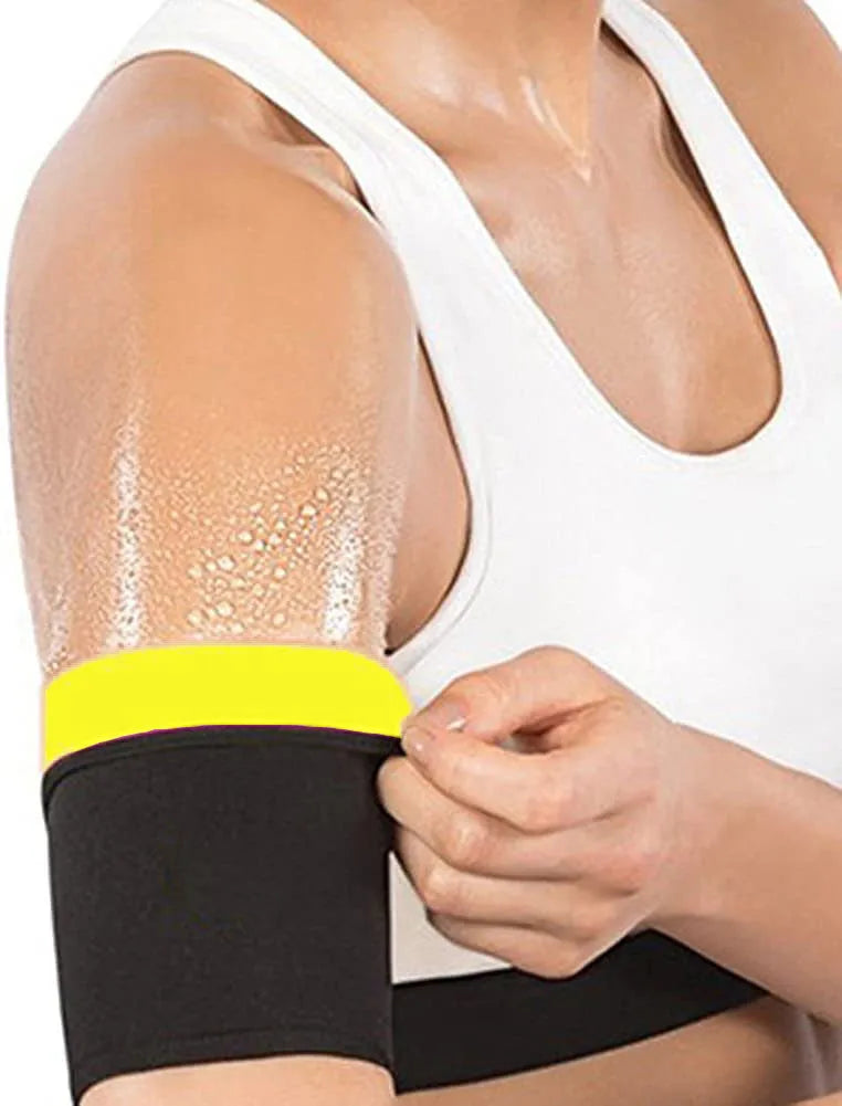 Adjustable sports arm sweatband in multiple colour options including blue, silver, black with red, and black with yellow.