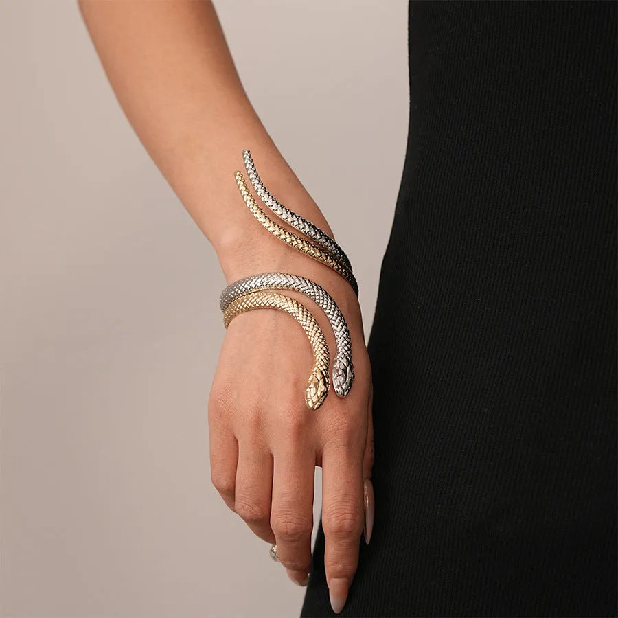 Metal exaggerated twisted winding snakes ring bracelet 2-piece set in gold or silver