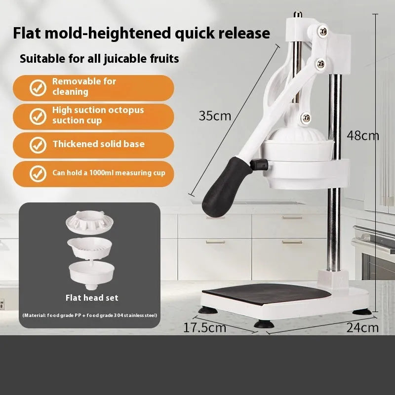Manual stainless steel and nylon orange juicer with 480cm size on a kitchen counter.