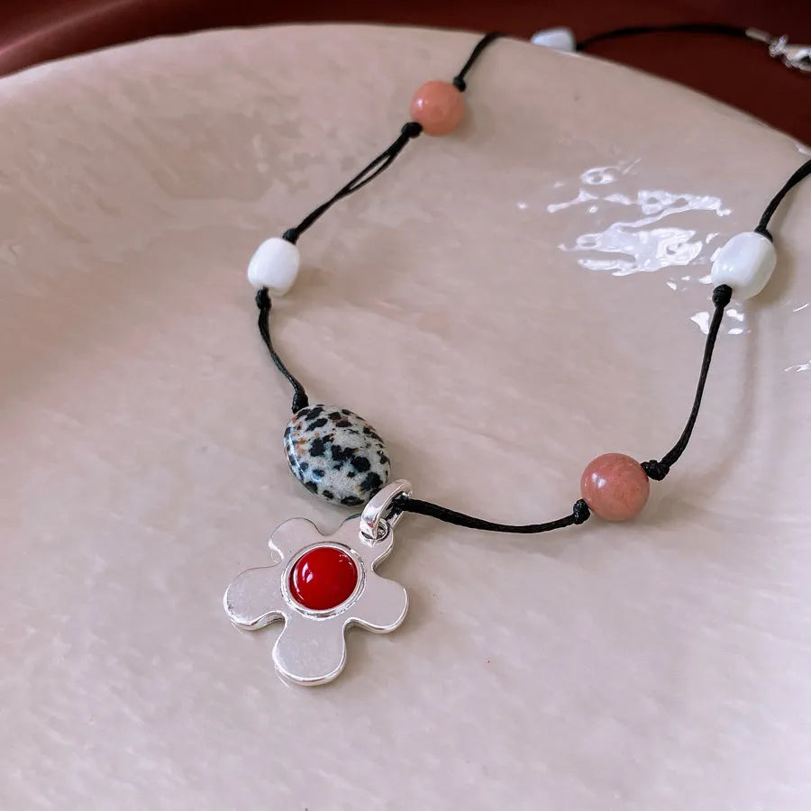 Women's stone shell beaded flower pendant necklace with adjustable 51-60cm alloy chain