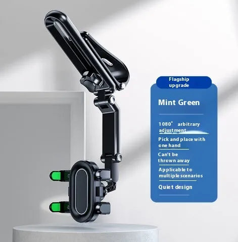Dashboard car phone bracket with one-clip stabiliser in grey, green, upgraded green, and upgraded grey colours