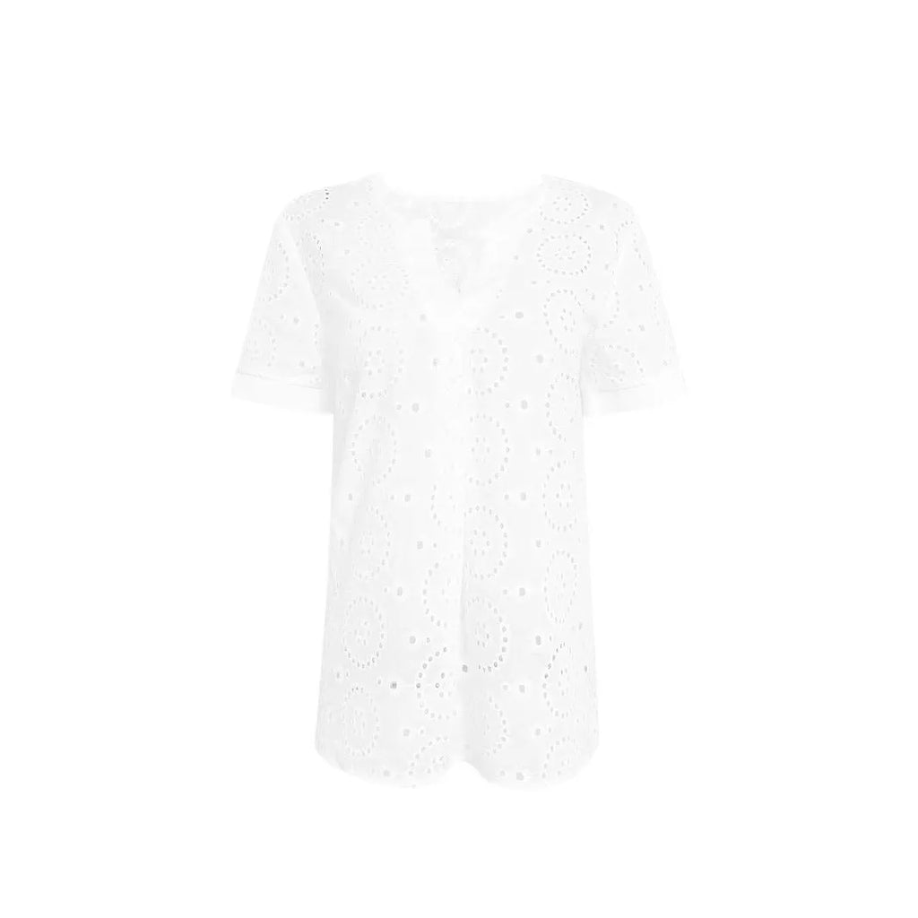 White women's loose V-neck T-shirt with hollow French elegant design detail on short sleeves