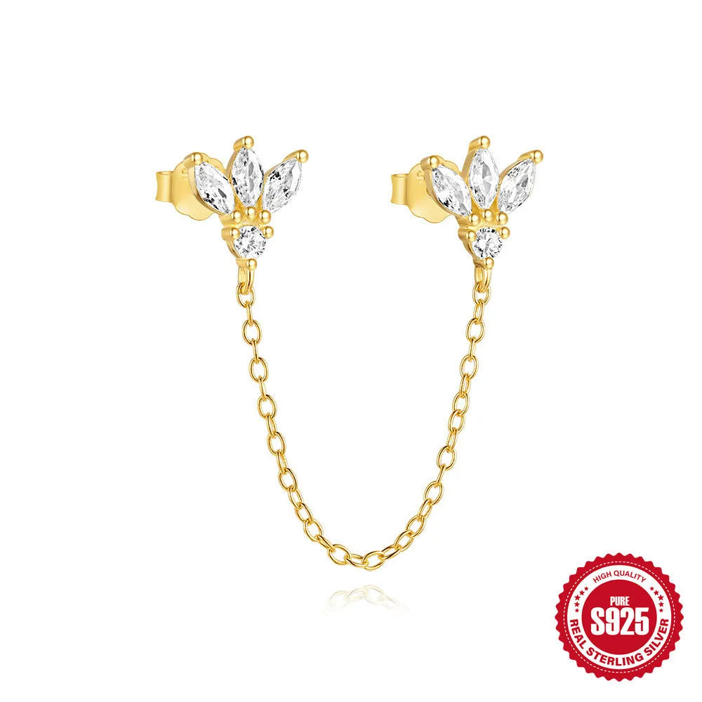 S925 sterling silver double ear piercings chain stud earrings with geometric design and zircon detailing