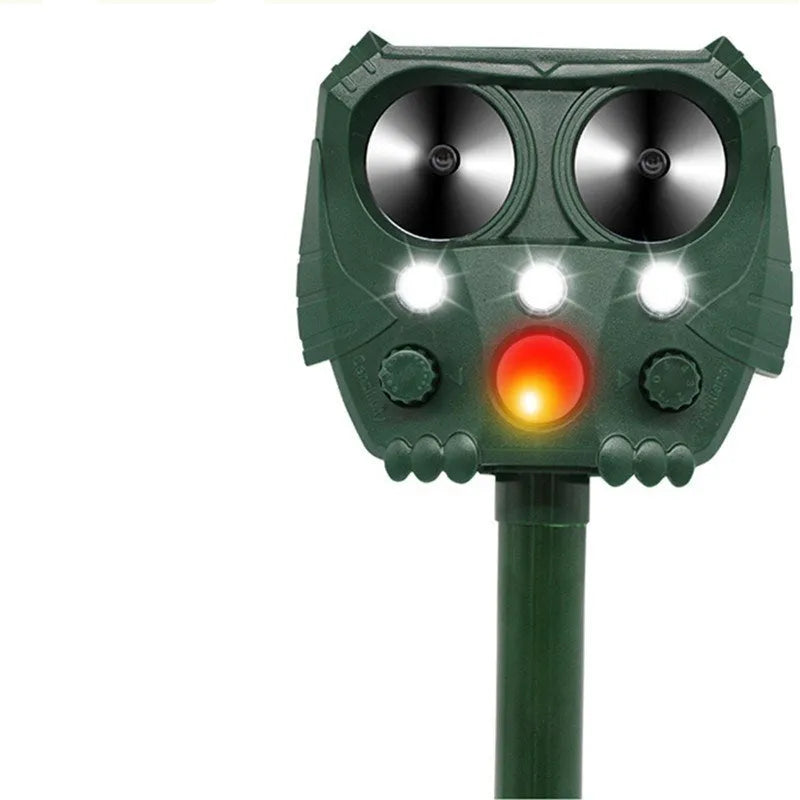 Green solar ultrasonic animal repeller device with outdoor mounting