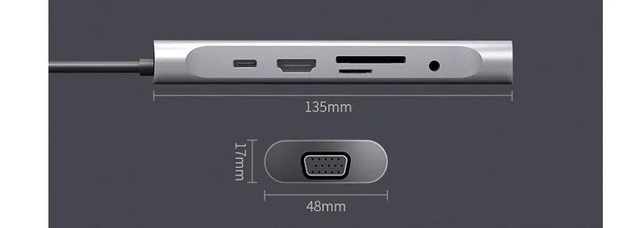 Grey USB-C docking station with HDMI, VGA, USB 3.0 and charging ports