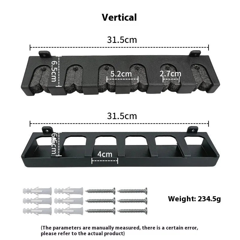 Black ABS fishing rod wall mount display stand showing upright and horizontal mounting options