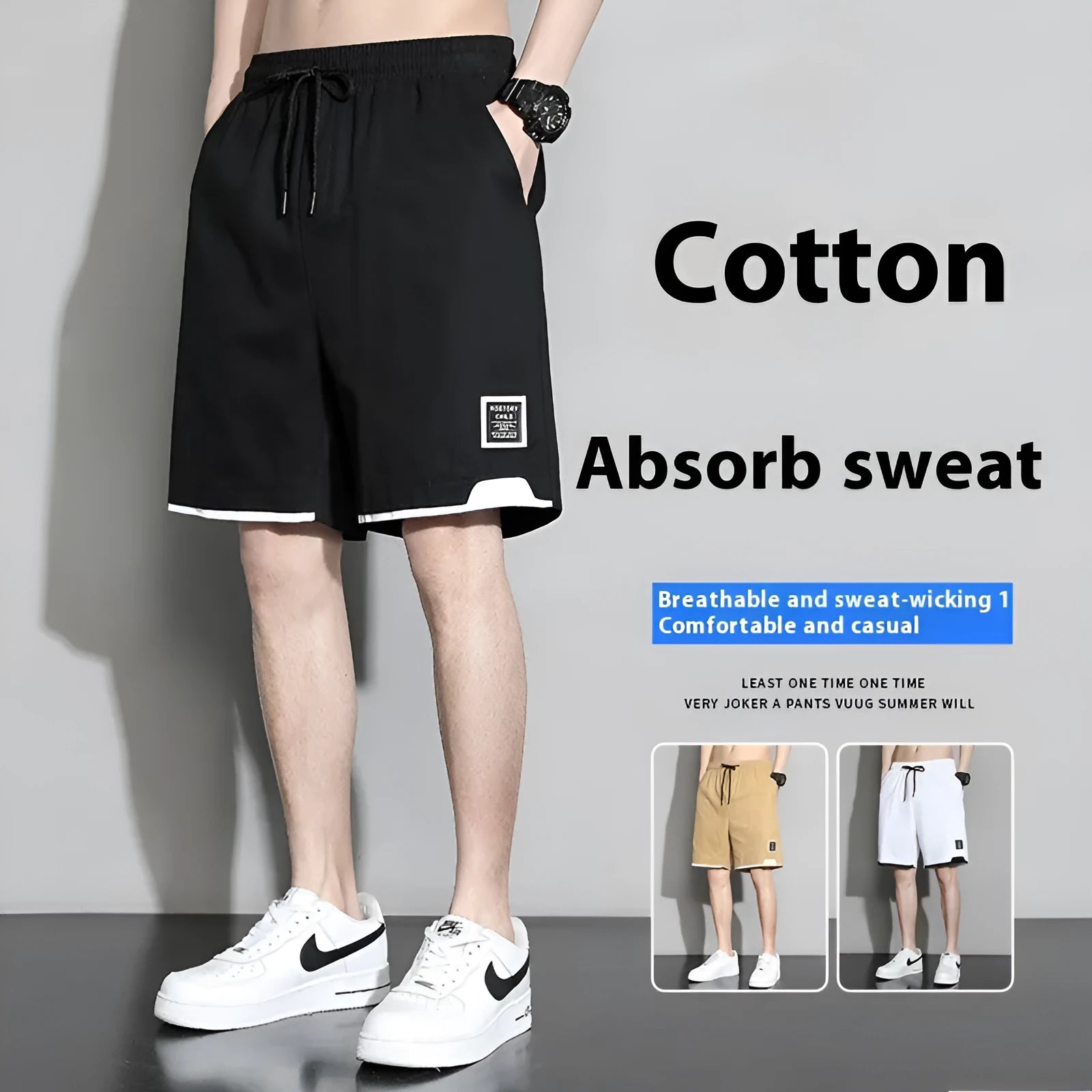 Boys' cotton summer shorts in sporty style available in black, khaki, and white colours