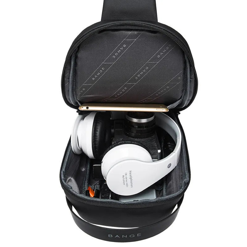 Men's black casual shoulder bag with USB port and Oxford cloth material for business travel.