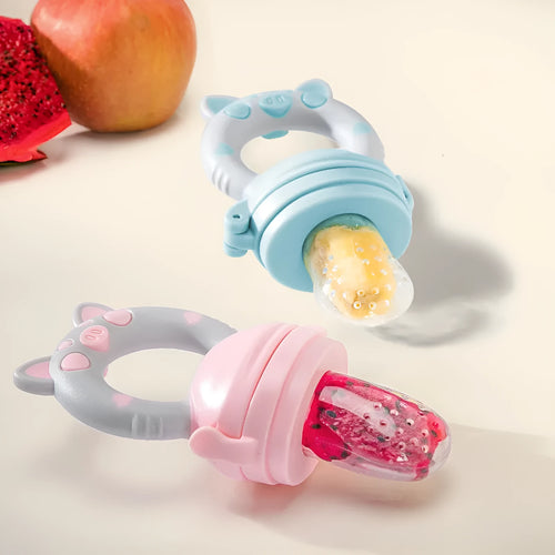 Soft BPA-free silicone baby teether in blue, green, or pink colour, shown in single and three-piece style options.