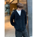 Men's army green cotton blend V-neck cardigan sweater with long sleeves in loose casual style