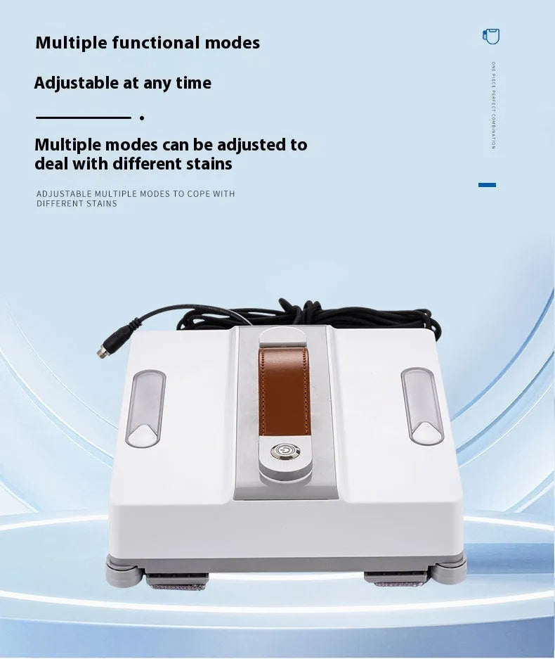 White intelligent window cleaning robot device with four water spray nozzles for automated high-rise window maintenance