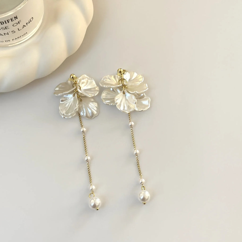 Women's acrylic shell pearl tassel earrings with choice of ear clip types