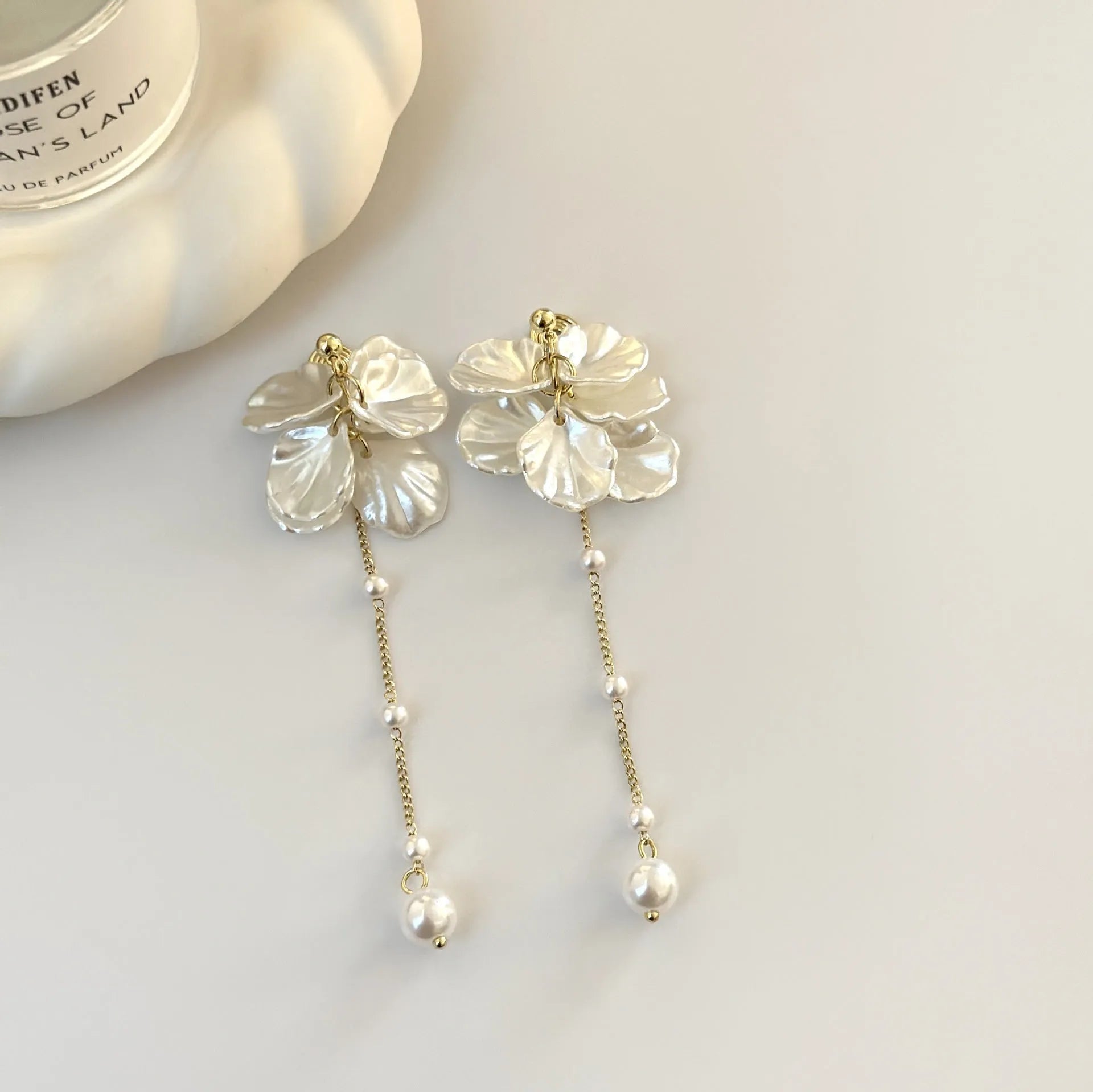 Women's acrylic shell pearl tassel earrings with choice of ear clip types
