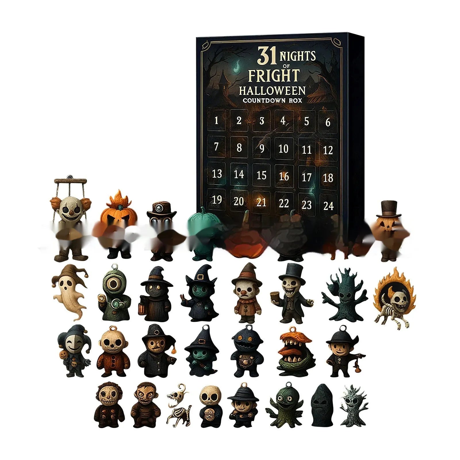 Halloween advent calendar display with numbered blind boxes containing horror-themed resin dolls