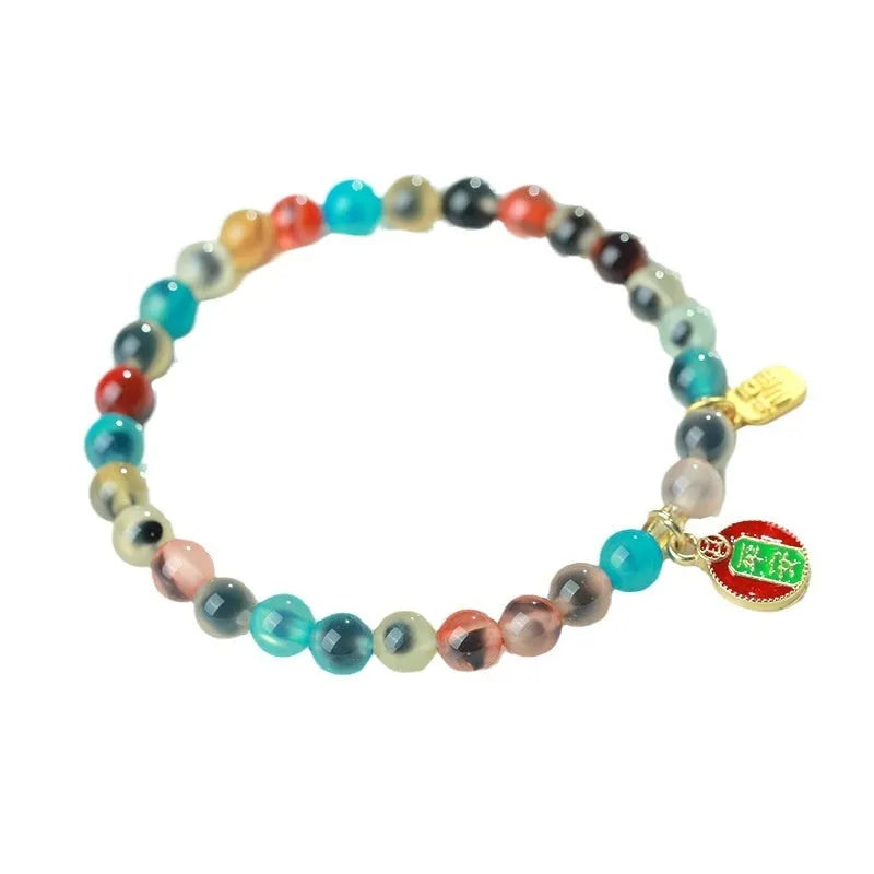 Natural colourful sugar heart agate bracelet with traditional Chinese symbols and copper coin elements on snake chain