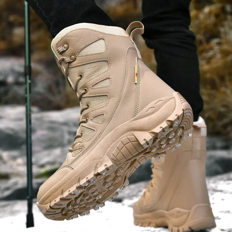 Men's brown cowhide leather hi-top hiking shoes with a platform sole on a rocky outdoor trail.