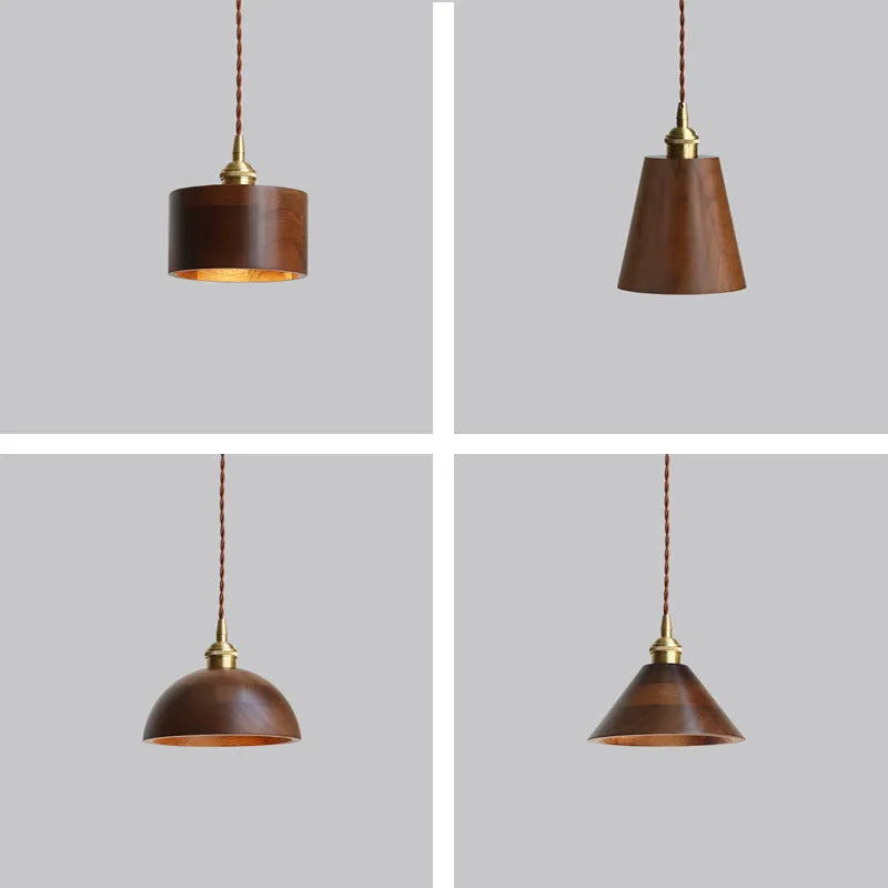 Single-head black walnut wood and copper metal droplight chandelier with an E27 lamp holder.