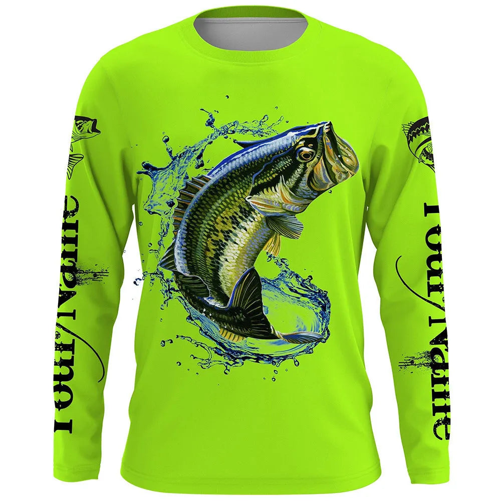 Men's grey round neck long-sleeve top with a large printed blue and orange fish graphic on the front.