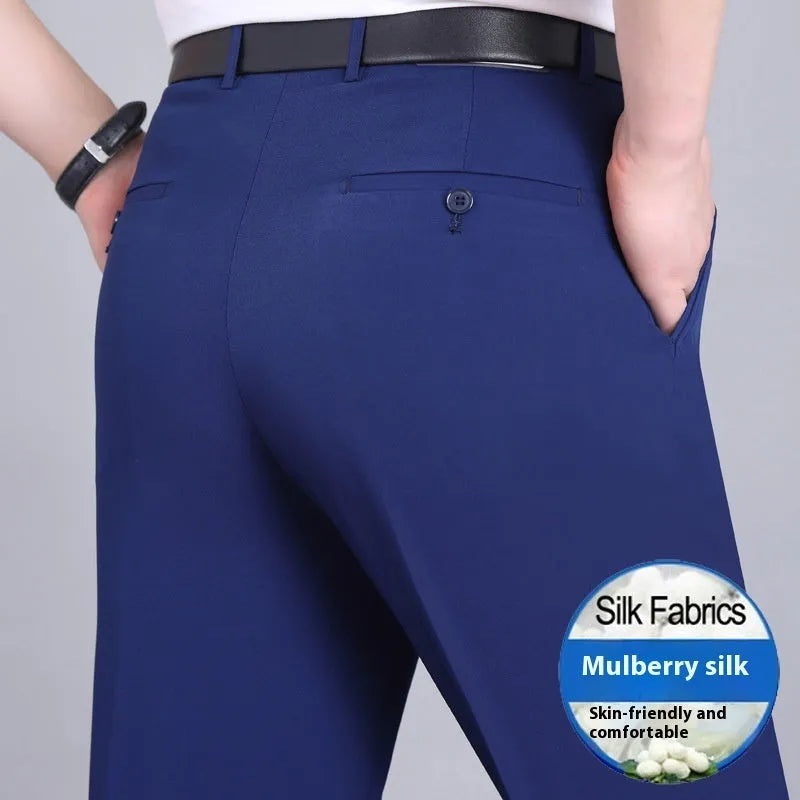 Men's straight fit mulberry silk blend business trousers with high waist in dark blue colour
