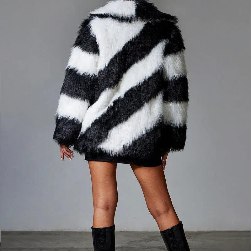 Women's faux fur coat with contrast colour lapels and detachable fur collar in picture colour option