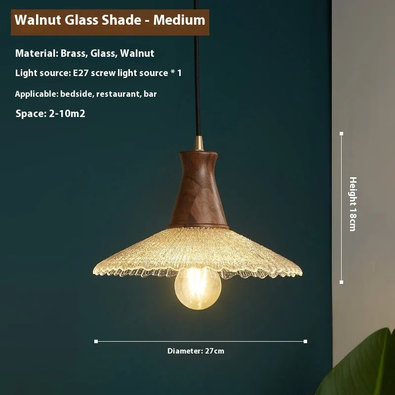 Retro brass and glass ceiling chandelier with wooden body for restaurant lighting
